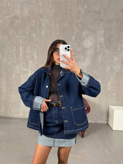 Kadın Denim Ceket Etek Takım Oversize Kesim