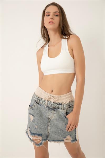 Kadın Denim Etek Şort Bej