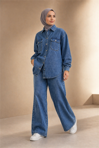 Kadın Denim Takım Oversize Gömlek & Wide Leg Pantolon Mavi