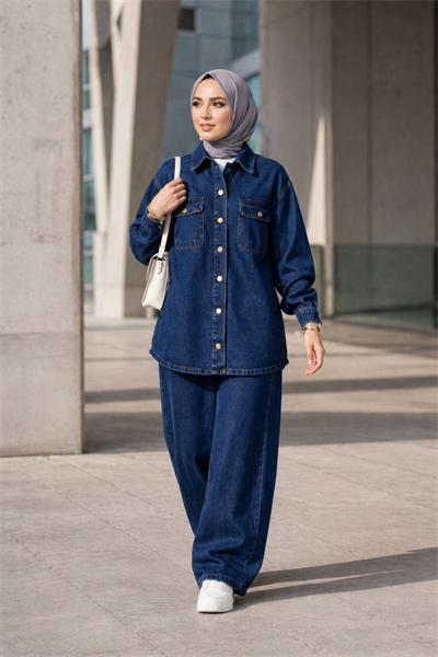 Kadın Denim Takım Oversize Gömlek & Wide Leg Pantolon Lacivert
