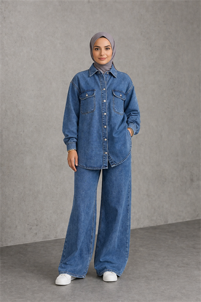 Kadın Denim Takım Oversize Gömlek & Wide Leg Pantolon Mavi
