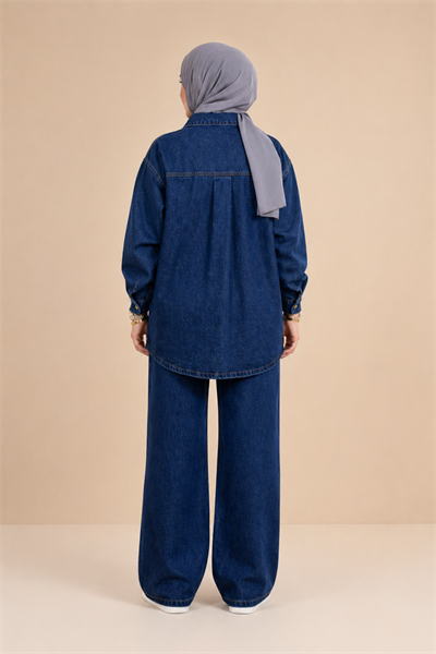 Kadın Denim Takım Oversize Gömlek & Wide Leg Pantolon Lacivert