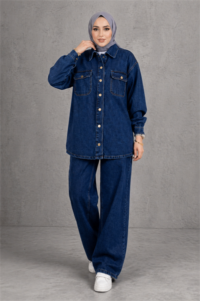 Kadın Denim Takım Oversize Gömlek & Wide Leg Pantolon Lacivert