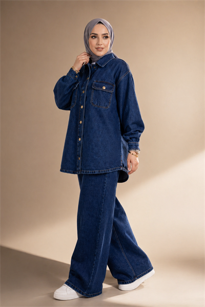 Kadın Denim Takım Oversize Gömlek & Wide Leg Pantolon Lacivert