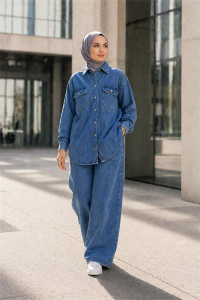 Kadın Denim Takım Oversize Gömlek & Wide Leg Pantolon Mavi