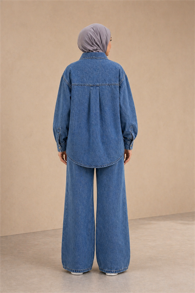 Kadın Denim Takım Oversize Gömlek & Wide Leg Pantolon Mavi