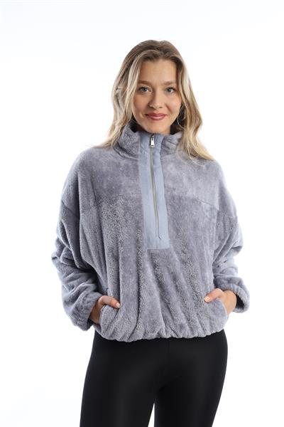 Kadın Dik Yaka Fermuarlı Peluş Gri