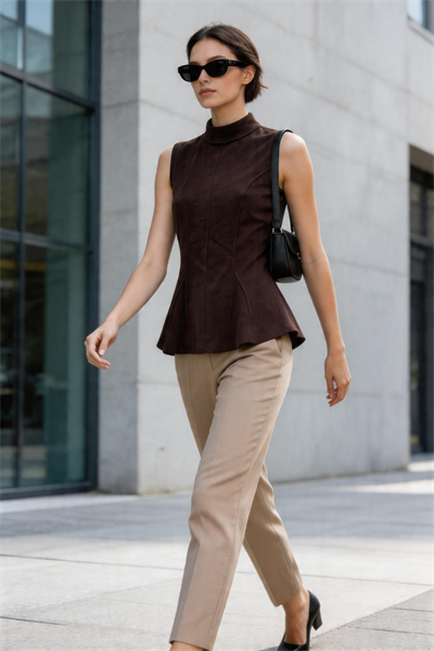Kadın Dik Yaka Kolsuz Fit & Flare Formlu Bluz Kahverengi