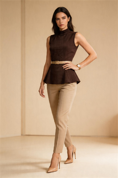 Kadın Dik Yaka Kolsuz Fit & Flare Formlu Bluz Kahverengi