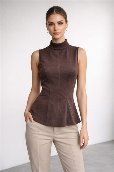 Kadın Dik Yaka Kolsuz Selanik Kumaş Slim Fit Bluz