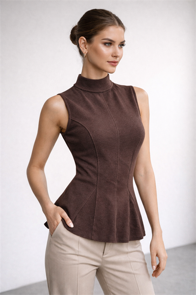 Kadın Dik Yaka Kolsuz Selanik Kumaş Slim Fit Bluz