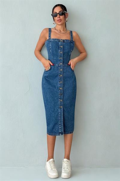 Kadın Düğmeli Midi Boy Kot Elbise