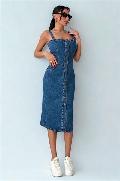 Kadın Düğmeli Midi Boy Kot Elbise