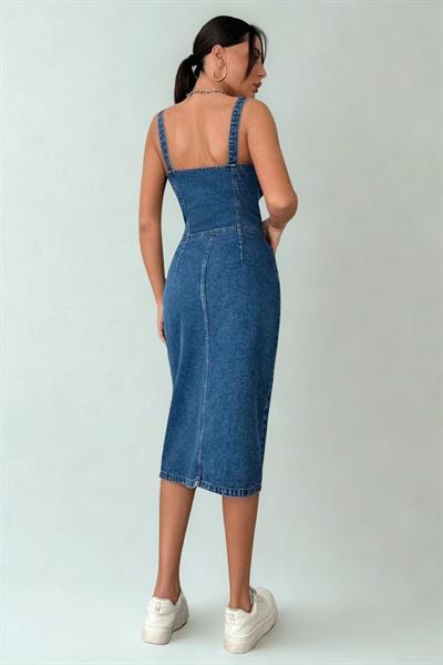 Kadın Düğmeli Midi Boy Kot Elbise