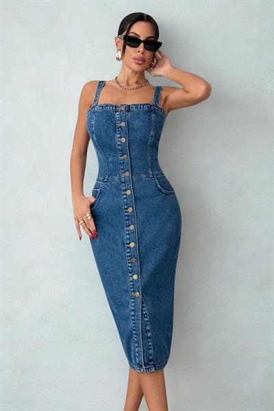 Kadın Düğmeli Midi Boy Kot Elbise