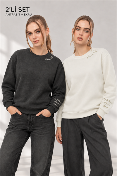 Kadın Ekru Antra 2’li Şardonlu Nakışlı Sweatshirt Seti
