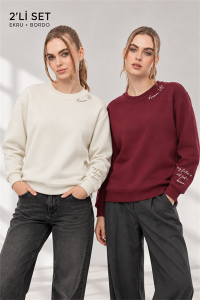 Kadın Ekru Bordo 2’li Şardonlu Nakışlı Sweatshirt Seti