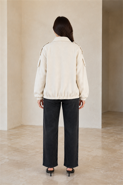 Kadın Ekru Dokulu Çıtçıtlı Oversize Bomber Ceket
