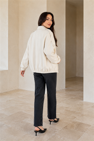 Kadın Ekru Dokulu Çıtçıtlı Oversize Bomber Ceket