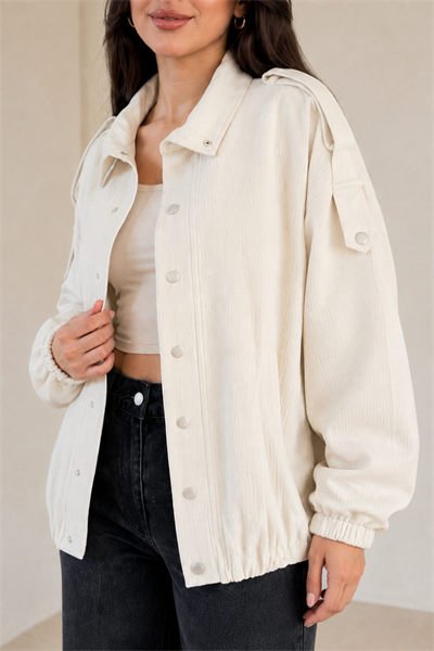 Kadın Ekru Dokulu Çıtçıtlı Oversize Bomber Ceket