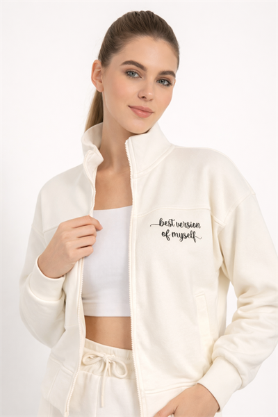 Kadın Ekru Fermuarlı Sweat Ceket – Regular Fit Günlük Spor Eşofman Üstü