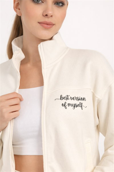 Kadın Ekru Fermuarlı Sweat Ceket – Regular Fit Günlük Spor Eşofman Üstü