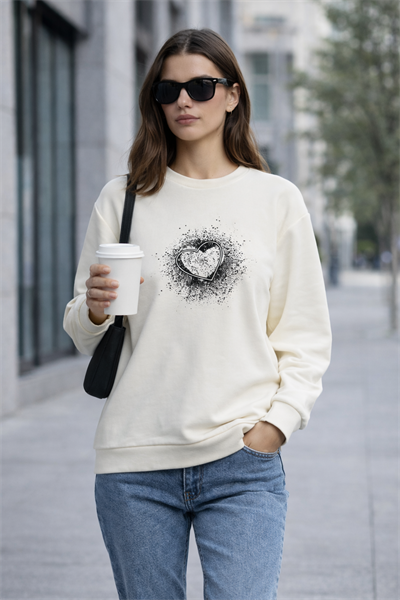 Kadın Ekru Kalp Baskılı Regular Sweatshirt Günlük Rahat Basic Sweat
