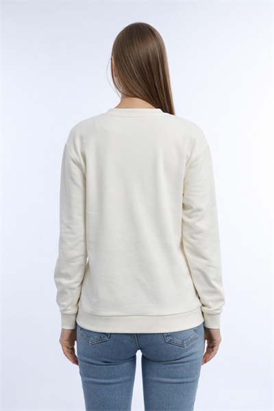 Kadın Ekru Kalp Baskılı Regular Sweatshirt Günlük Rahat Basic Sweat