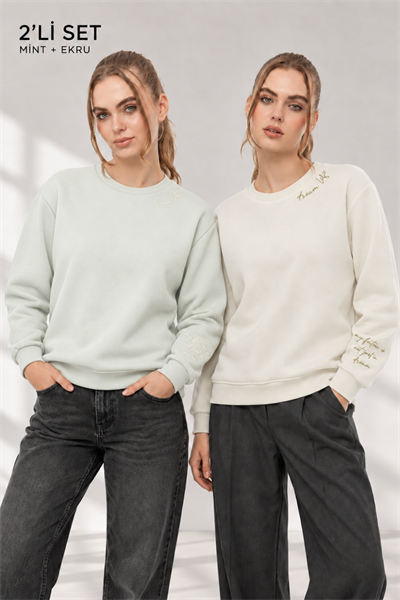 Kadın Ekru Mint 2’li Şardonlu Nakışlı Sweatshirt Seti