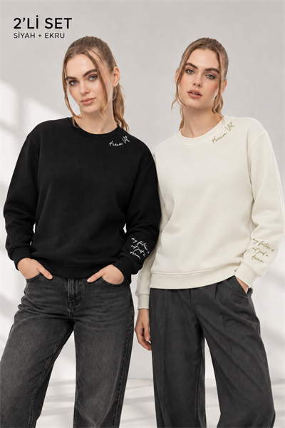 Kadın Ekru Siyah 2’li Şardonlu Nakışlı Sweatshirt Seti
