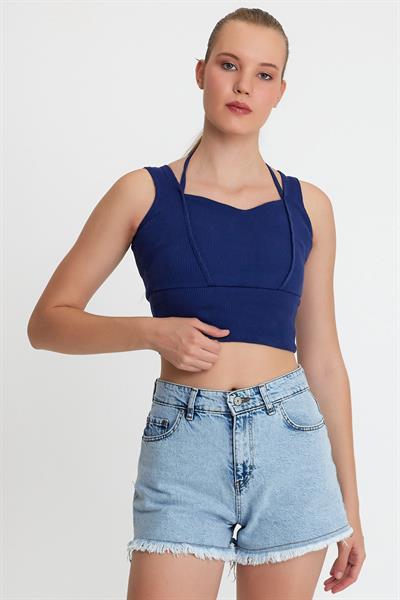 Kadın Ense Biye Detaylı Crop İndigo