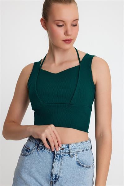 Kadın Ense Biye Detaylı Crop Yeşil