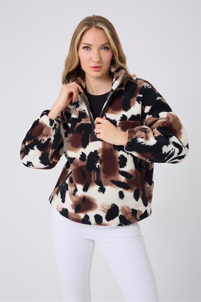 Kadın Fermuar Yaka Peluş Sweatshirt Siyah