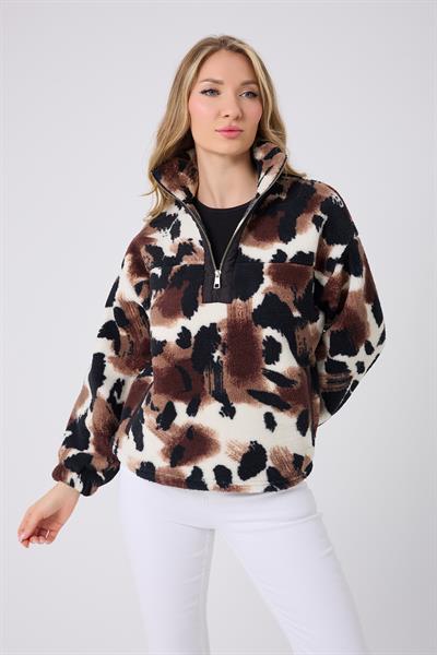 Kadın Fermuar Yaka Peluş Sweatshirt Siyah