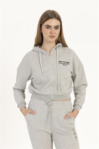 Kadın Fermuarlı 3 İplik Sweatshirt Gri Melanj