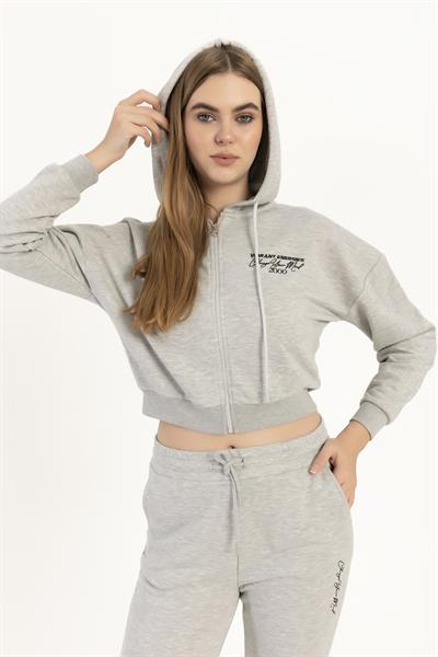 Kadın Fermuarlı 3 İplik Sweatshirt Gri Melanj