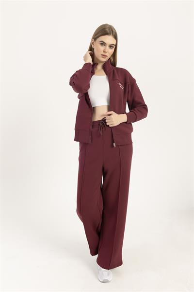 kadın Fermuarlı Dik Yaka Sweatshirt Bordo