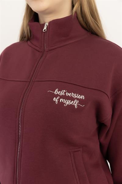 kadın Fermuarlı Dik Yaka Sweatshirt Bordo