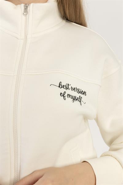 kadın Fermuarlı Dik Yaka Sweatshirt Ekru
