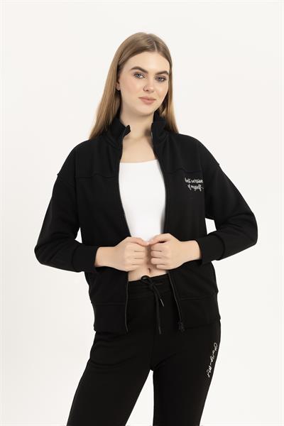 kadın Fermuarlı Dik Yaka Sweatshirt Siyah