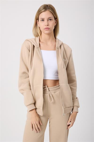 Kadın Fermuarlı Regular Fit Sweatshirt Bej