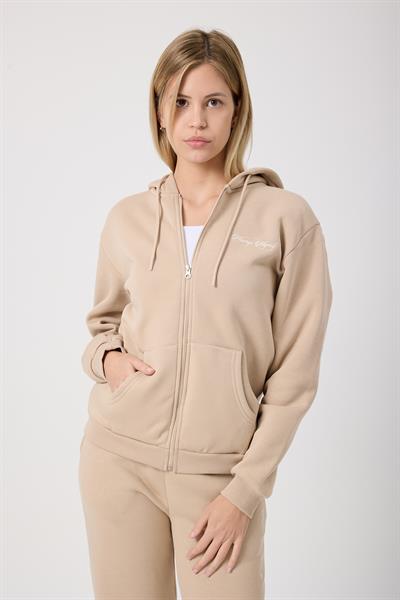 Kadın Fermuarlı Regular Fit Sweatshirt Bej