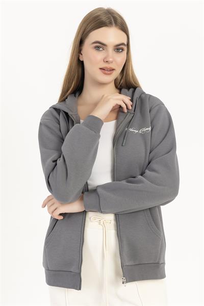 Kadın Fermuarlı Regular Fit Sweatshirt Füme