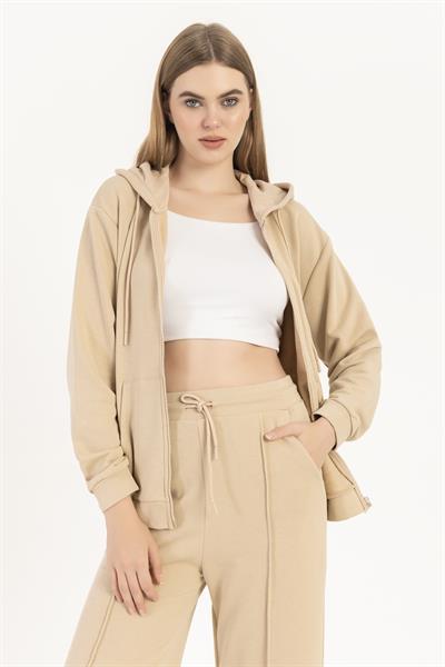 Kadın Fermuarlı Regular Fit Sweatshirt Bej