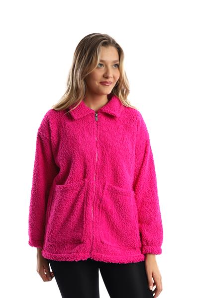 Kadın Fermuarlı Stoper Detaylı Kıvırcık Peluş Ceket Fuşya