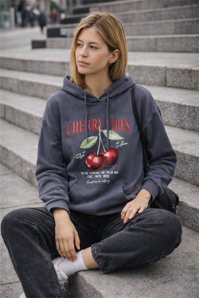 Kadın Füme Kiraz Baskılı Oversize Kapüşonlu Sweatshirt Hoodie