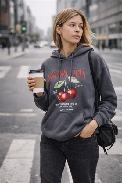 Kadın Füme Kiraz Baskılı Oversize Kapüşonlu Sweatshirt Hoodie