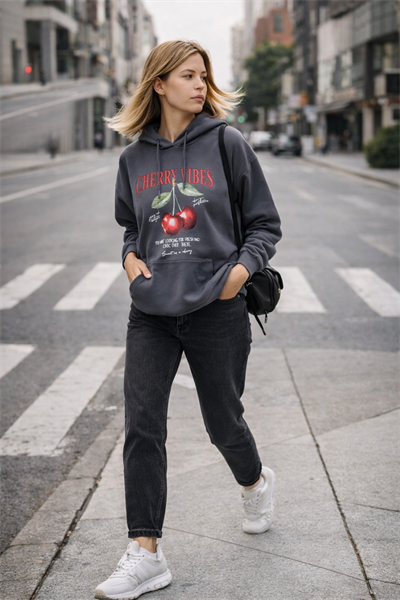 Kadın Füme Kiraz Baskılı Oversize Kapüşonlu Sweatshirt Hoodie