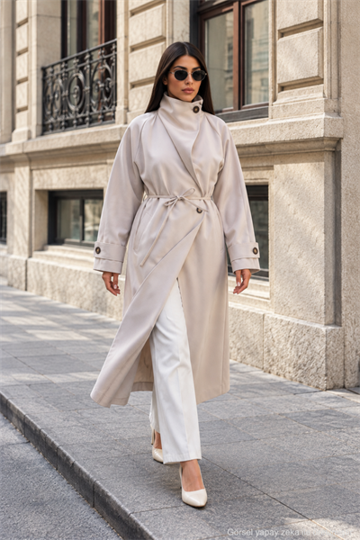 Kadın Geniş Yaka İnce Kemerli Oversize Uzun Trençkot - Taş