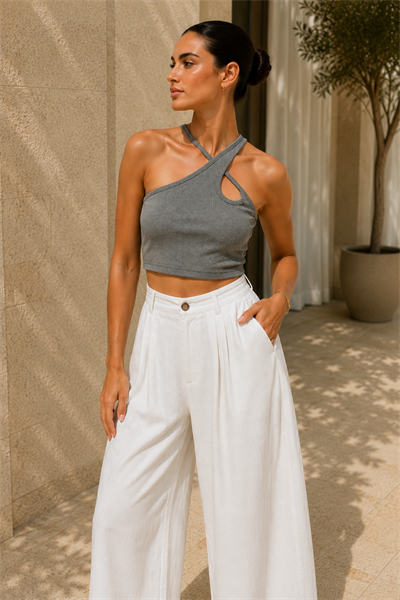 Kadın Gri Melanj Çapraz Halter Yaka Damla Detaylı Fitilli Crop Top